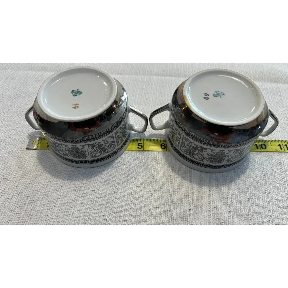 Chodziez Poland Porcelain Bouillon Cups Set‎ of 2 Black White Floral Silver Trim